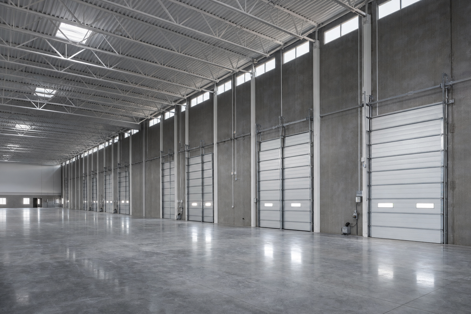 Dimly lit industrial warehouse interior with light filtering through high windows