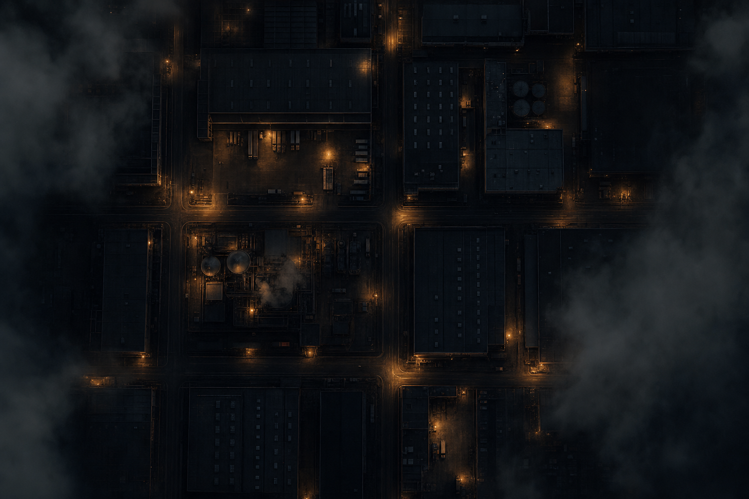 Aerial view of an industrial district at night